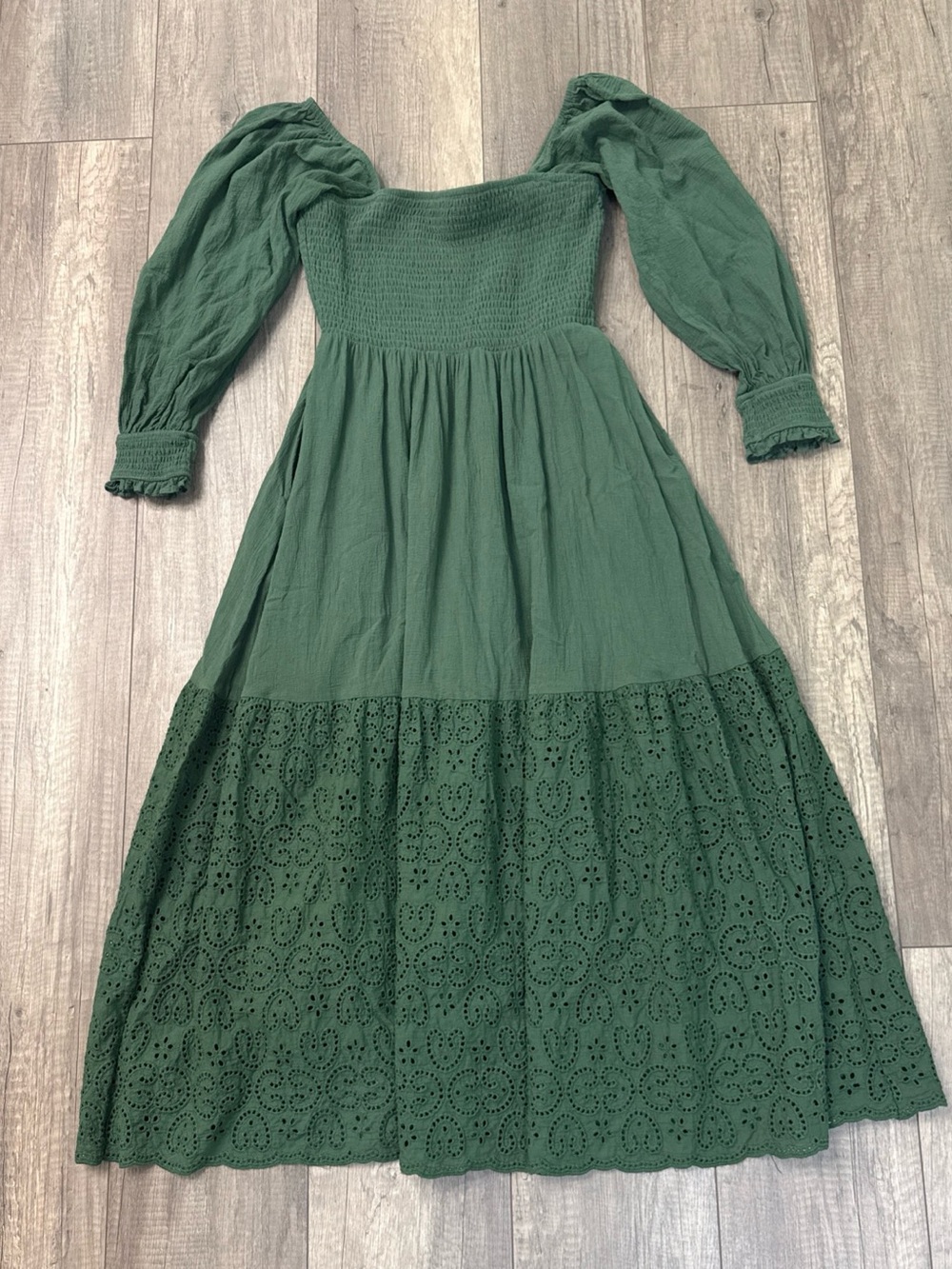 Listicle Forest Green Smocked Midi Dress with Eyelet Skirt